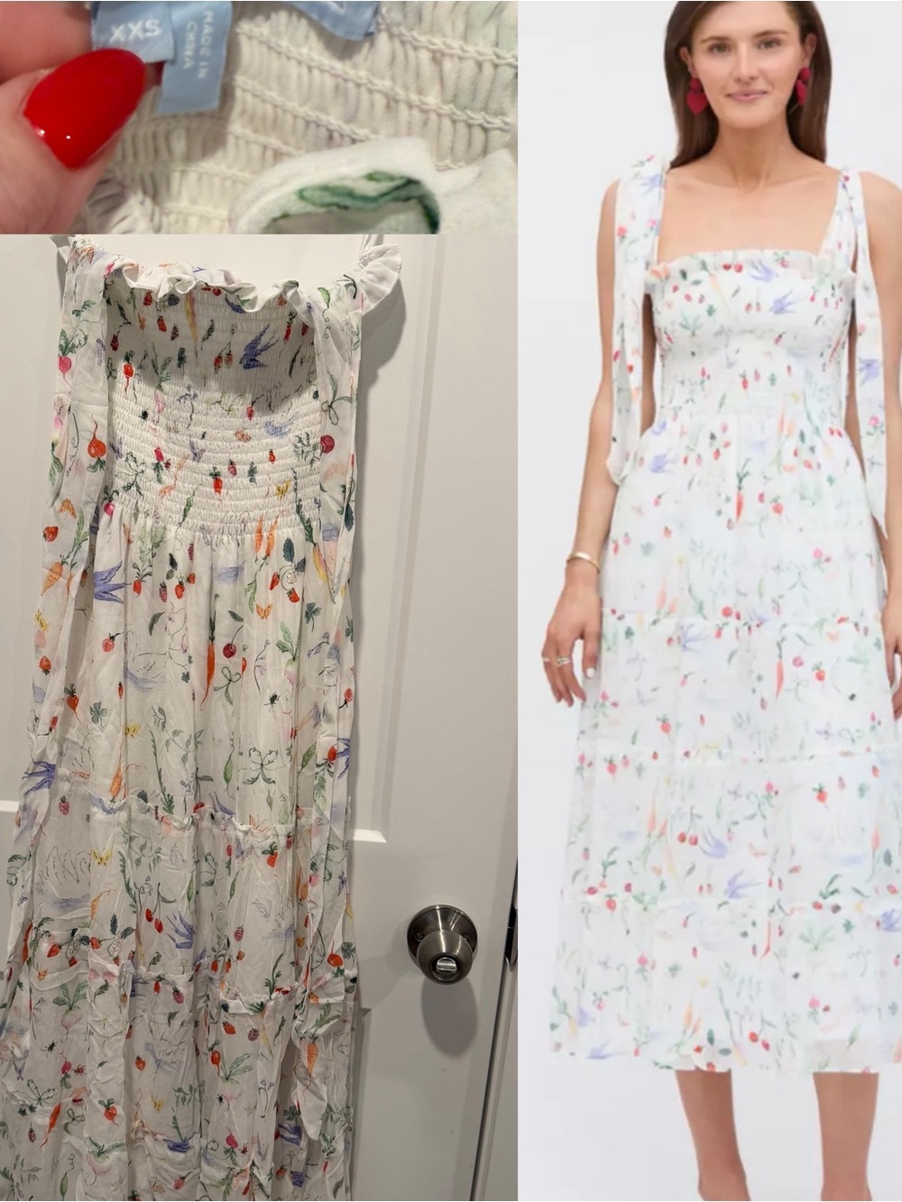 Hill House White Floral Smocked Midi Dress with Tie Straps